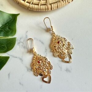 2/$30🌵 Gold Thin Chandelier Heart Red Stone Earrings Dangle Delicate Gift NEW